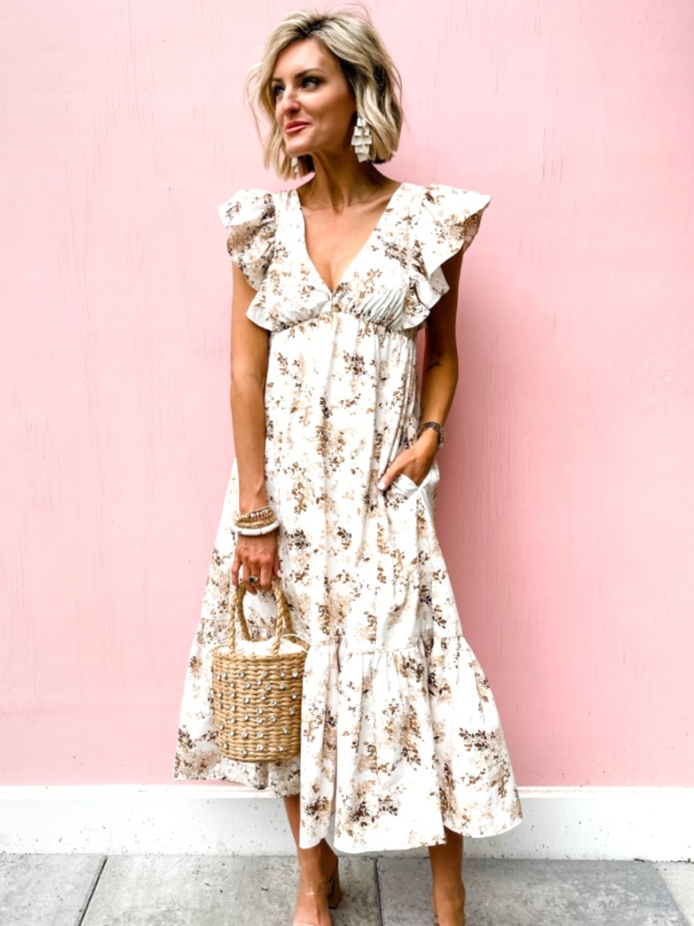 Abercrombie & Fitch Floral Milkmaid Midi Dress Smocked Puff Sleeve pockets NWT